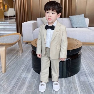 Bộ set vest TRAZ MEN trẻ em bé trai con nít màu be kem 10-45kg(áo vest, quần, gile, nơ)(bé mập tròn tăng 2 size)