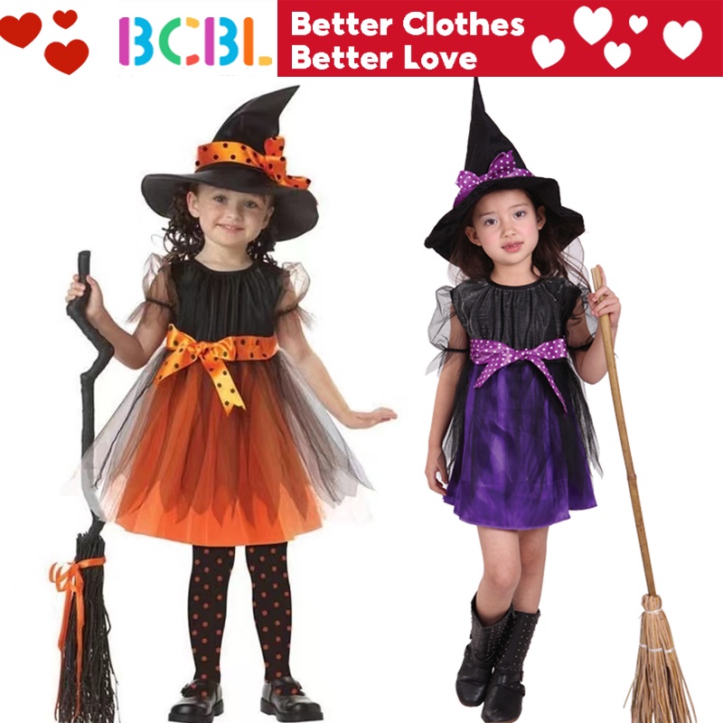 Bộ đầm hóa trang phù thủy BCBL kèm mũ tùy chọn màu sắc dành cho bé gái 2-9 tuổi