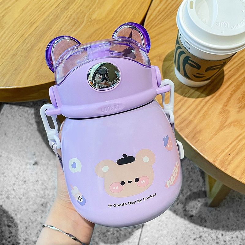 Bình nước giữ nhiệt tai gấu LOOKET dung tích 860ml họa tiết dễ thương mang đi học đi làm, hàng ngày, quà tặng-Ráp