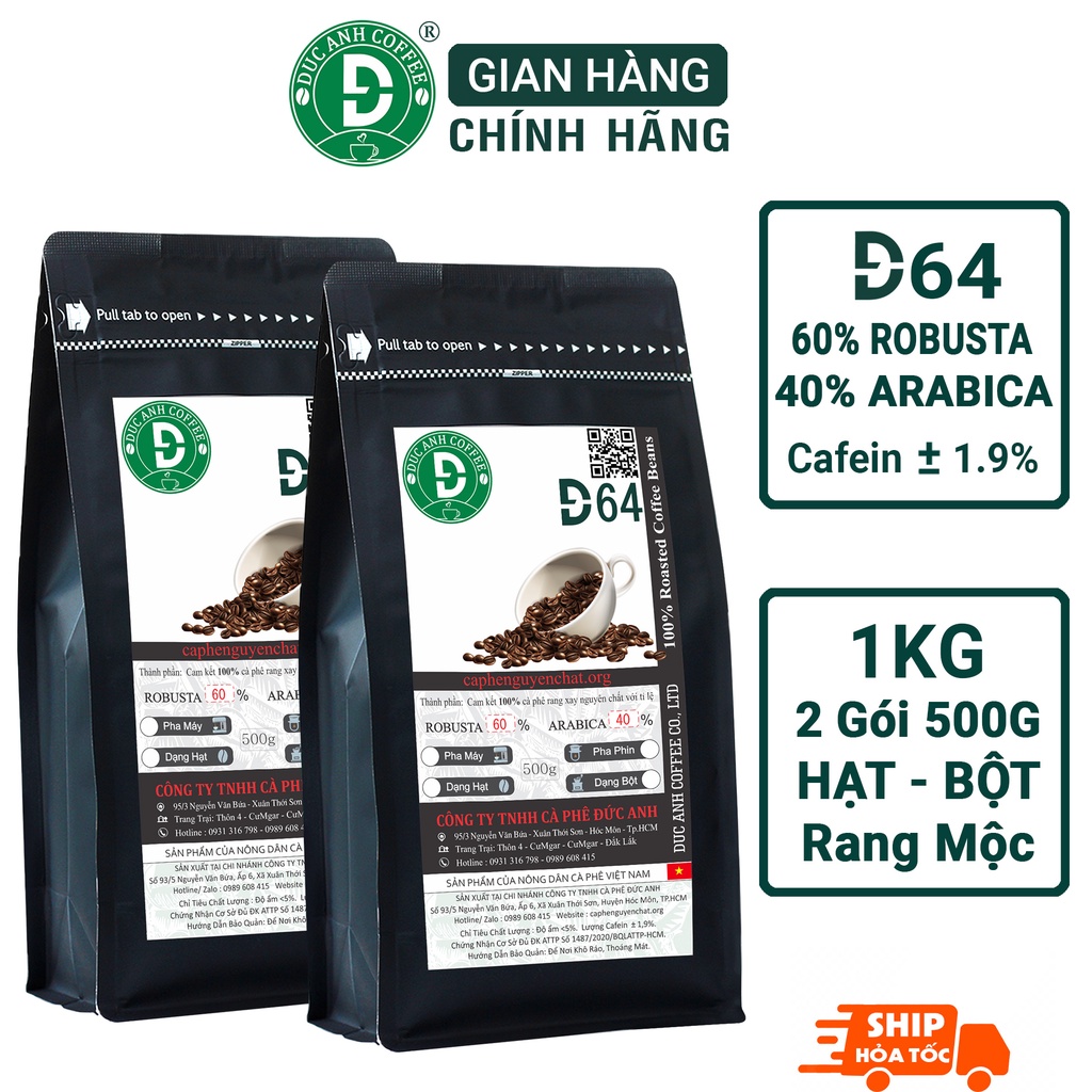 1kg Cà Phê Mộc Xay Pha Phin D64 Thành Phần 60% Robusta+40% Arabica Nguyên Chất