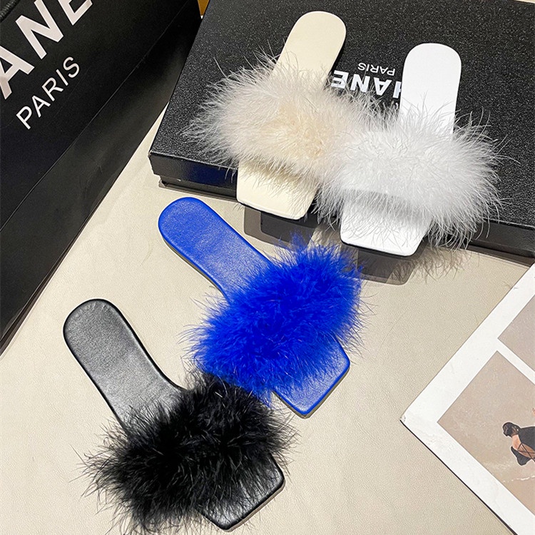 Dép Da Đế Bằng Mũi Vuông Phối Lông Nhung Nhiều Màu Sắc Thời Trang Cho Nữ Size 35-42