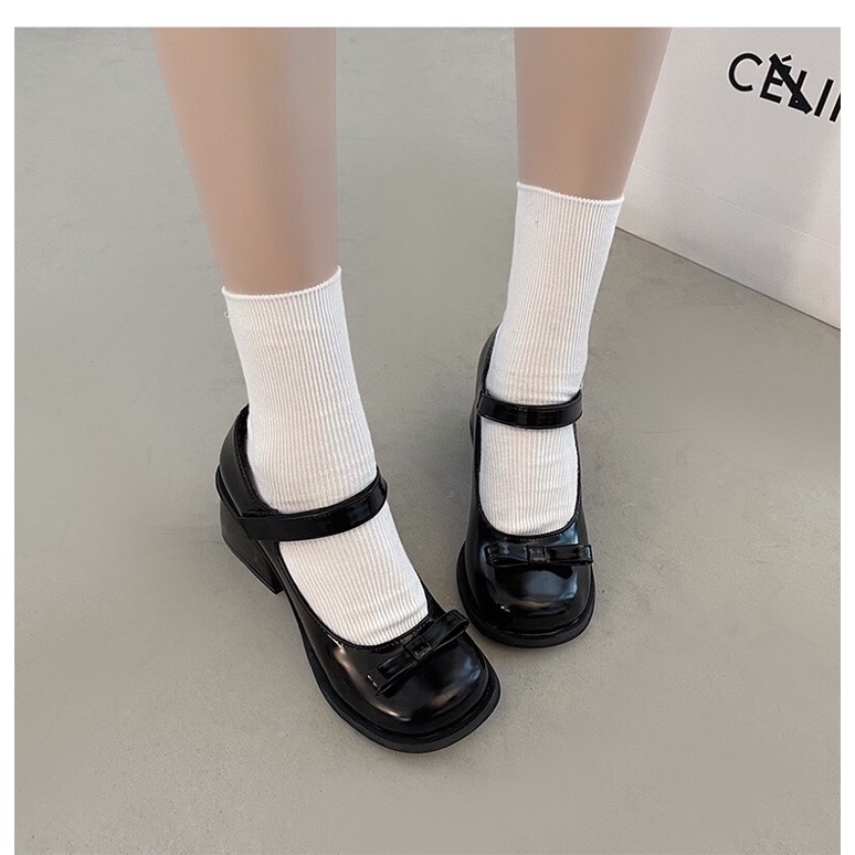 Giày cao gót Lolita mũi tròn đính nơ 7,5cm Giày Mary Jane