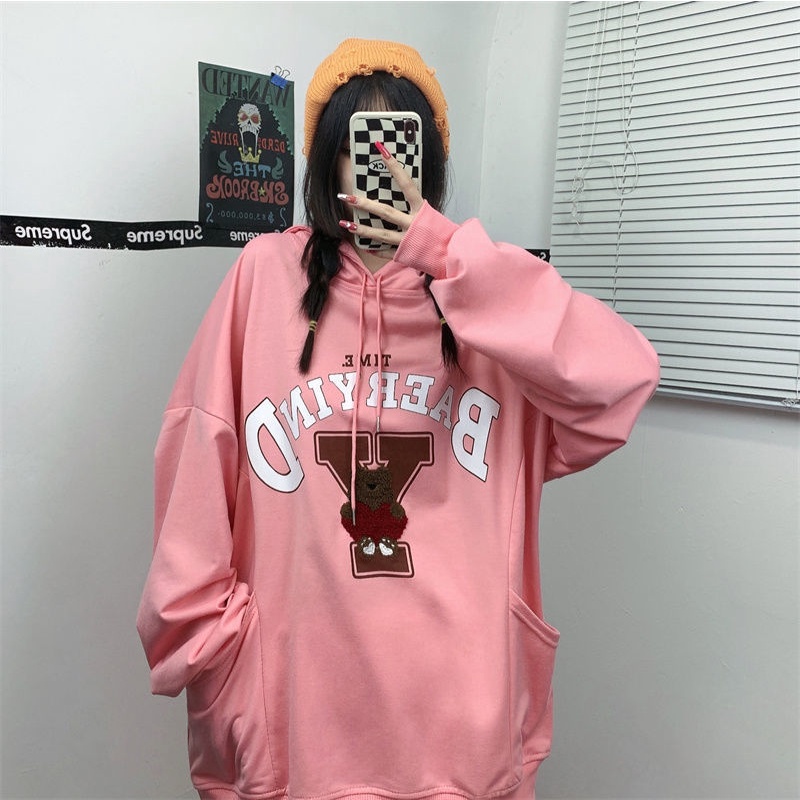 ZHELIHANGFEI Áo Hoodie Dáng Rộng In Hình Gấu Dễ Thương
