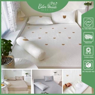 Bộ ga giường, ga giường trần bông thêu gấu chất cotton linen cao cấp, trần dày, hình thêu siêu nét - bốn mùa bedding