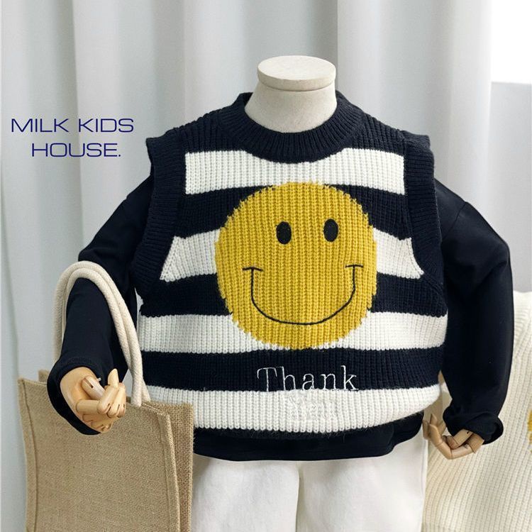 Áo Khoác Sweater Dệt Kim Sát Nách In Hình Mặt Cười Mẫu Mới 2022 Cho Bé Mẫu Giáo