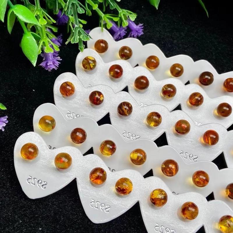 Khuyên Tai Tròn Bằng Bạc sterling Đính Đá Hổ Phách Tự Nhiên