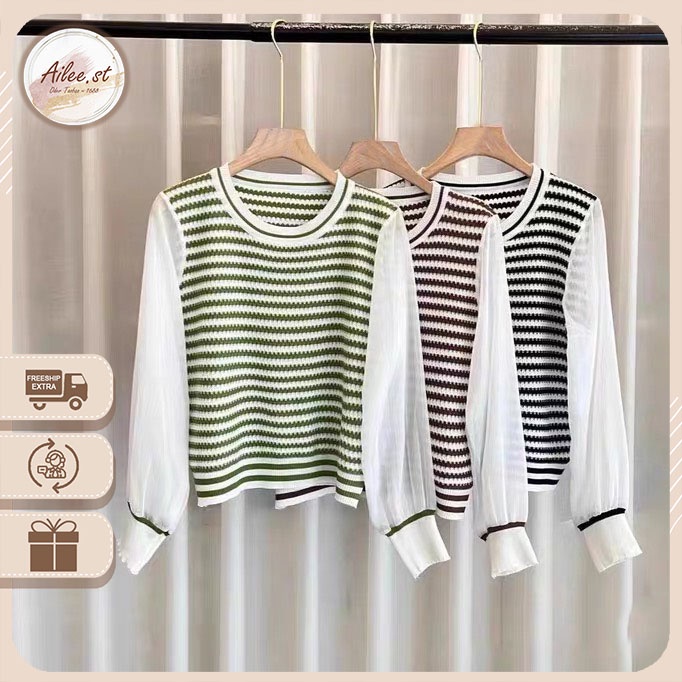 Áo Len Kẻ Cổ Tròn Dài Tay Von Voan Bo Gấu Kẻ Ngang Phối Zic Zắc Style Hàn Quốc Viền Cổ Ailee AO NU 003