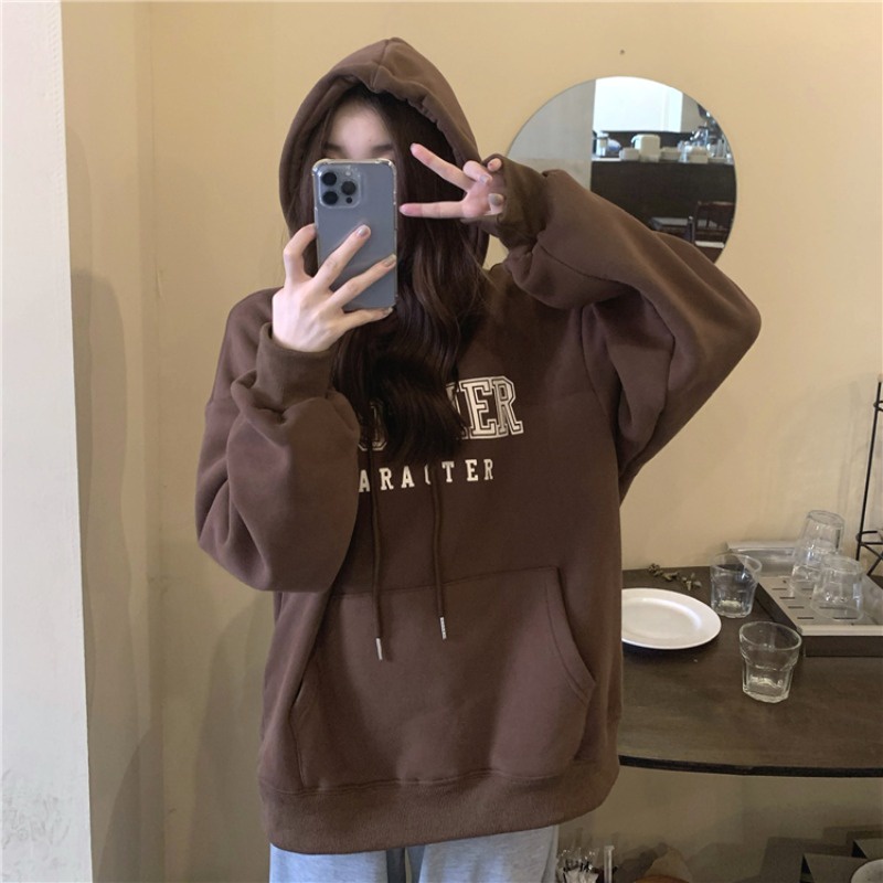 Áo Hoodies Tay Dài Hoạ Tiết Chữ In Phong Cách Hàn Quốc