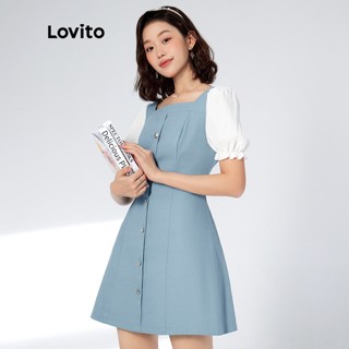 Áo khoác nữ cổ vuông có nút phối màu thông thường Váy Lovito Denim L33AD112 (Xanh lam)