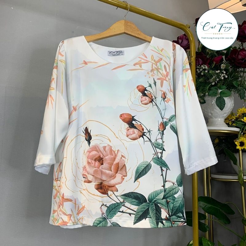 Áo kiểu trung niên nữ cho bà cho mẹ vải tơ tằm đẳng cấp, nổi bật - Thời trang Cát Tường