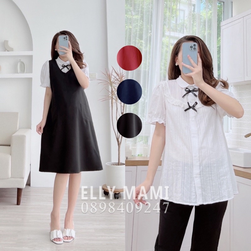 ( 40kg - 95kg ) Set Yếm Bầu ,Suông Công Sở 2 Túi Mặc Thoải Mái Suốt Thai Kì &amp; Sau Sinh Thiết Kế ( Yếm , Áo Sơmi  )