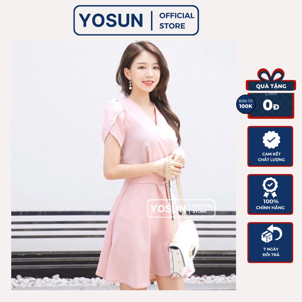 Đầm Nữ Dạo Phố Cổ V Đắp Chéo Thắt Nơ Hông Xếp Li Vai Trẻ Trung, Đầm Nữ Form Ngắn Xòe Màu Hồng Pastel