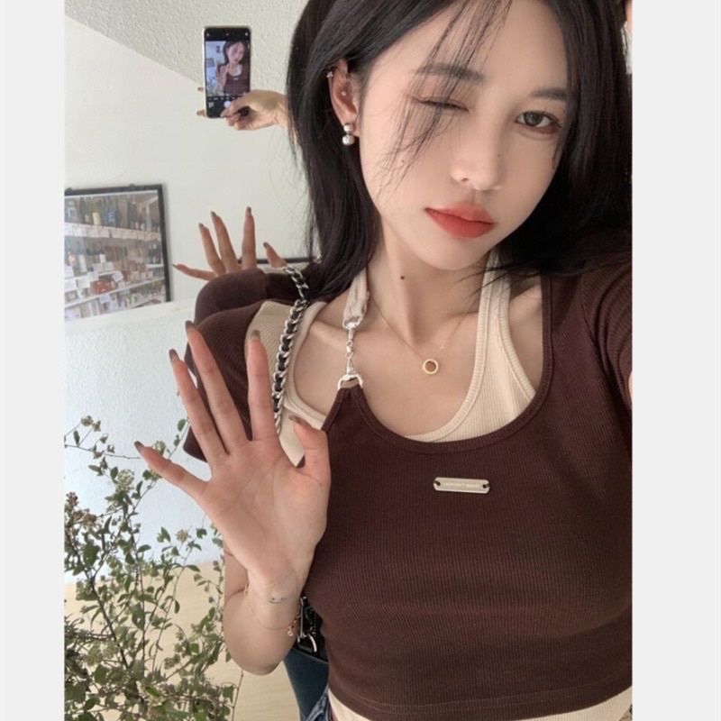 Áo Thun Croptop Giả Hai Dây Kiểu Xích Phong Cách Thời Trang Hàn Quốc 2022 Cho Nữ