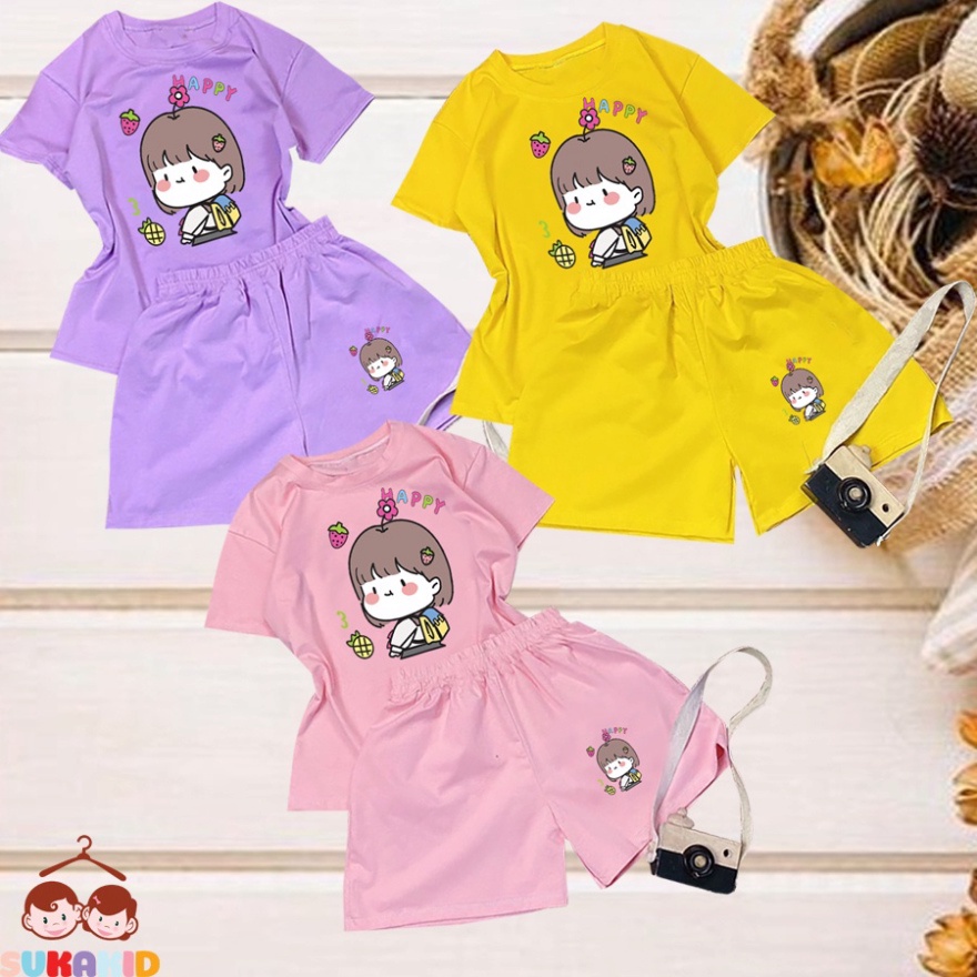 Đồ bộ ngắn tay bộ bé gái hinh bé gái happy trái dâu, thơmcho be từ 6kg-29kg.BDBG61.