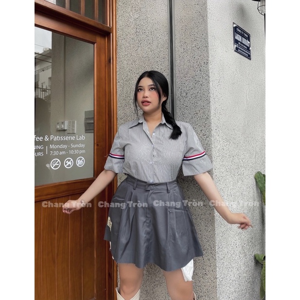 | Chang Tròn | Set Sơ Mi Chân Váy Xám Bigsize - Sẵn XXL