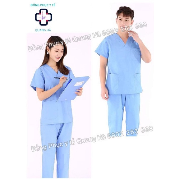 Bộ Scrubs bác sĩ, blouse cổ tim, đồng phục điều dưỡng, spa, thẩm mỹ viện, dược sĩ. Màu xanh biển.