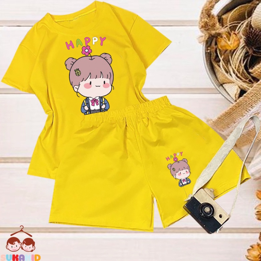 Đồ bộ ngắn tay bộ bé gái hinh bé gái happy cành hoa cho be từ 6kg-29kg.BDBG62.