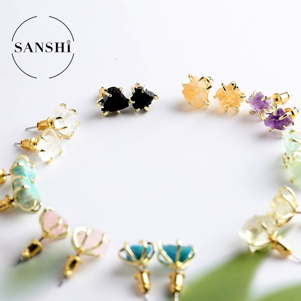 1 Đôi Bông Tai Bằng Thép Không Gỉ Xỏ Đá Thô Tự Nhiên Màu Hồng / Tím / Vàng Phong Cách retro Thanh Lịch Dành Cho Nữ