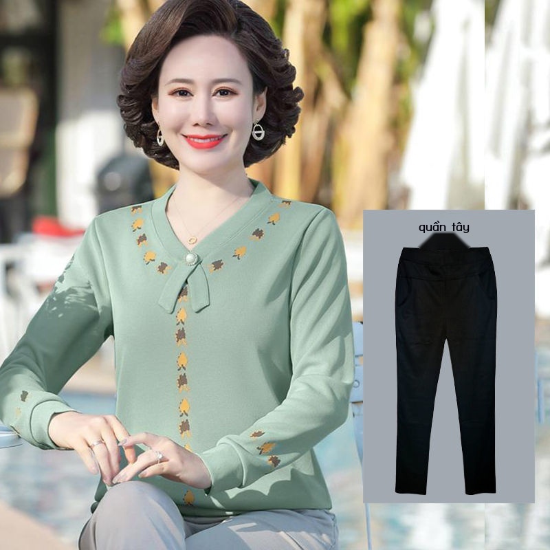 Áo len dệt kim mỏng mùa xuân và mùa thu của mẹ, bộ đồ hai mảnh cho phụ nữ trung niên và cao tuổi