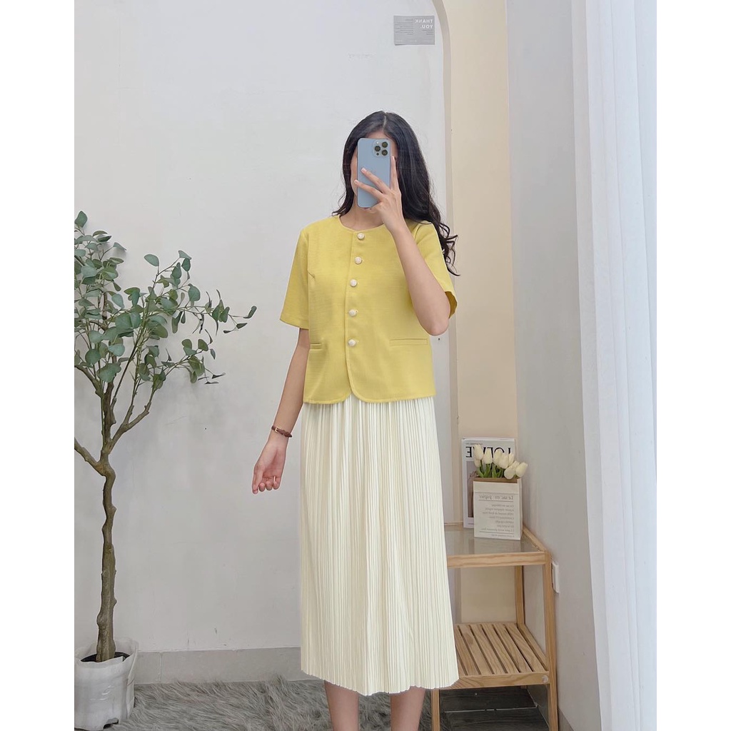Áo So Mi Dạ Cách Điệu Nữ Minz Store Mã AD002, Thiết Kế Dáng Lửng 5 Cúc Sang Trọng