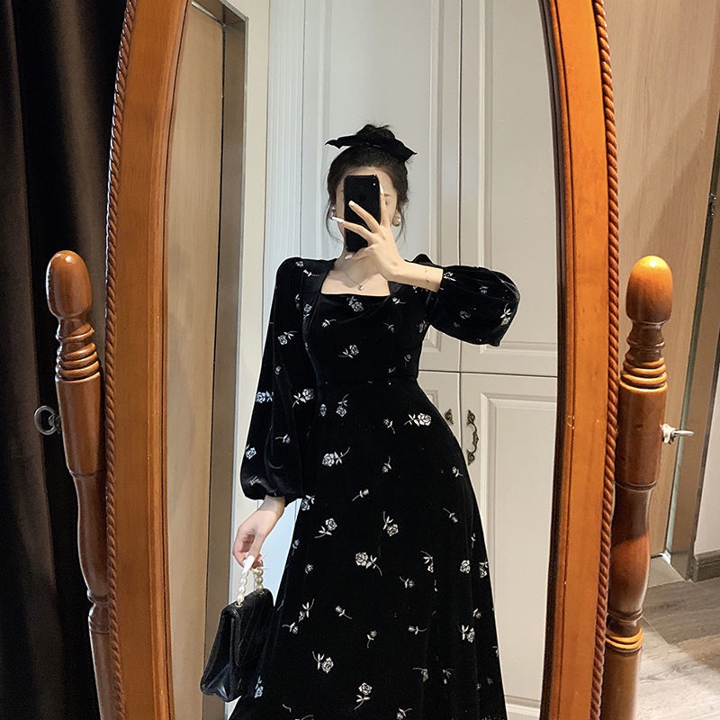 Bán Chạy!F &amp; X Đầm Nhung Dài Tay In Họa Tiết Phong Cách Mori Nhẹ Nhàng Thanh Lịch Dành Cho Nữ