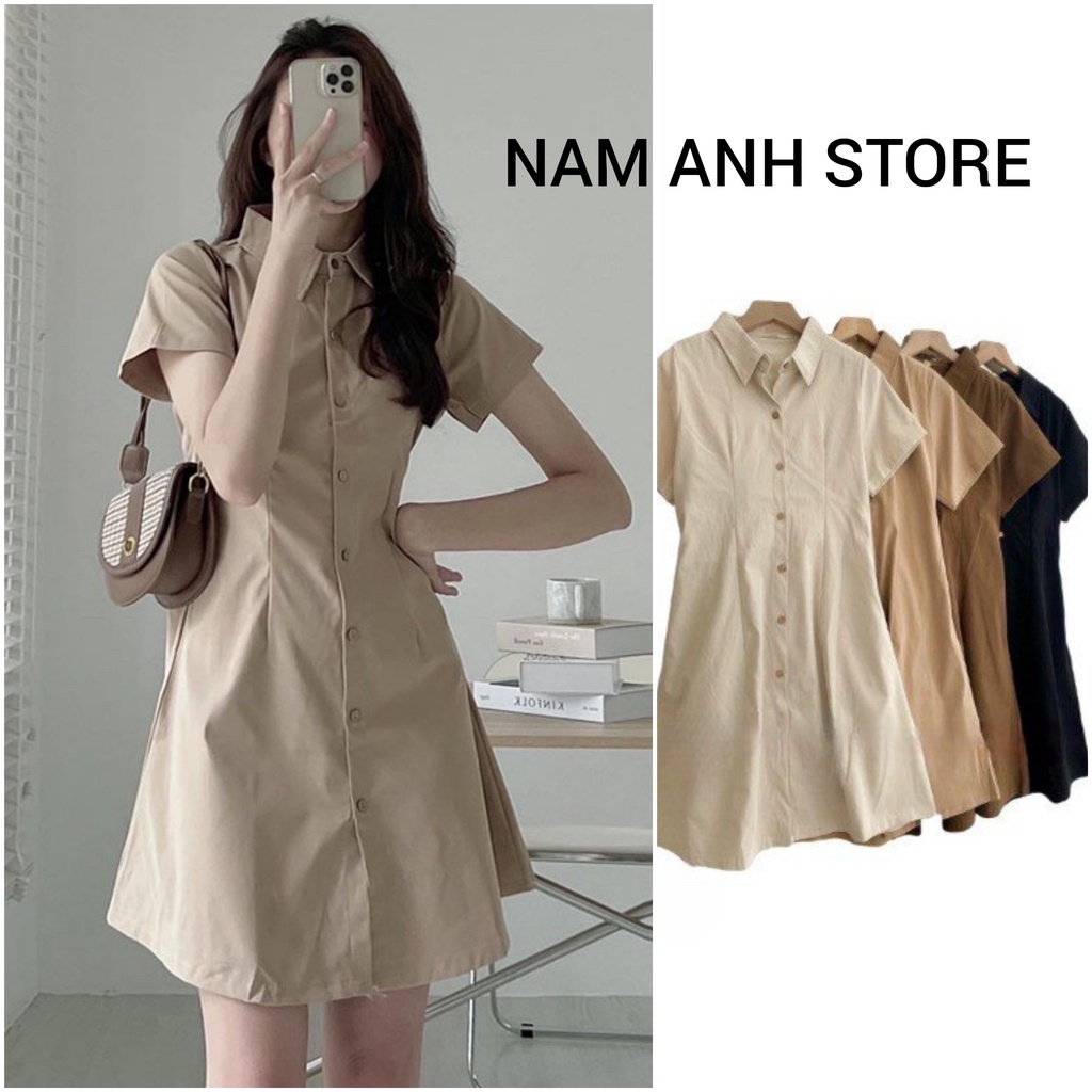 Đầm Váy Nữ Basic Cổ Sơ Mi Cài Cúc Chiết Eo Lưng Chun Nhiều Màu Thời Trang Nam Anh Fashion Váy Nữ Cộc Tay Nhiều Màu