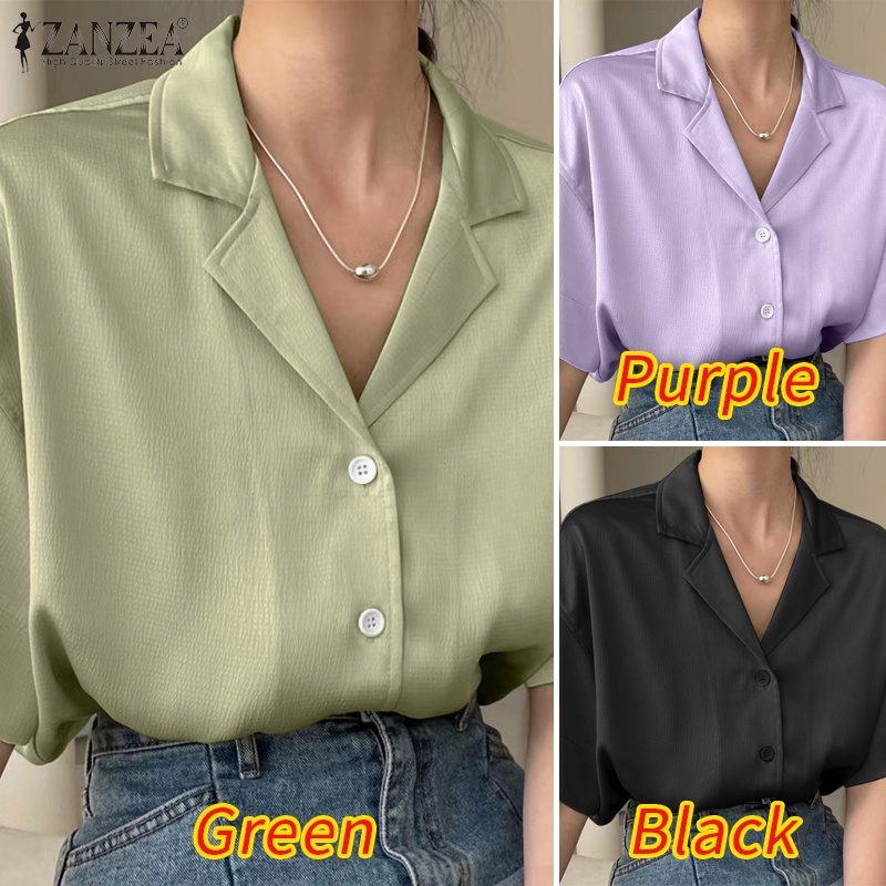 Áo sơ mi ZANZEA tay ngắn màu trơn phong cách Hàn Quốc cho nữ