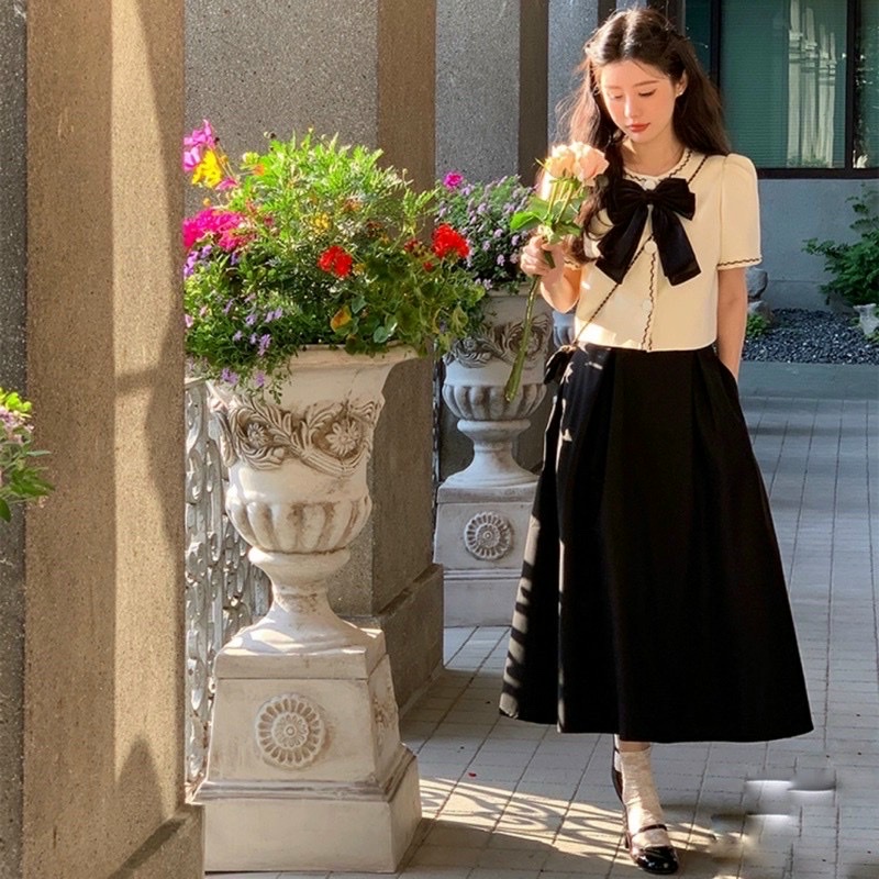 Sét Đồ Nữ Đẹp ⚡𝙎𝙄𝙀̂𝙐 𝙎𝘼𝙇𝙀⚡ Sét Bộ Áo Chạy Viền Kết Nơ Phong Cách Tiểu Thư Kèm Chân Váy - 90285