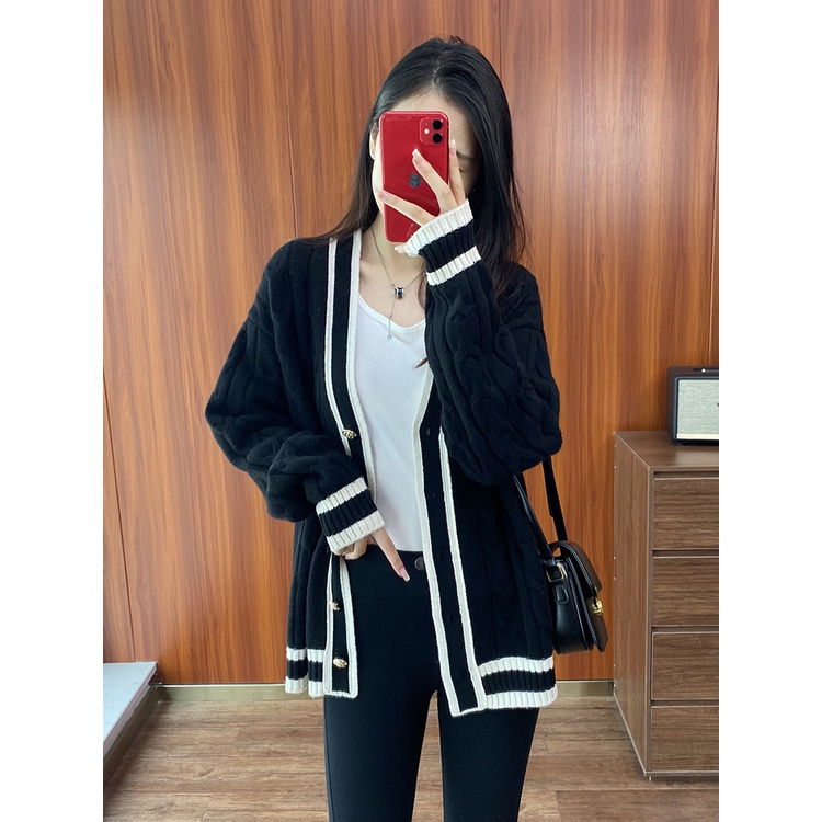 Áo khoác len cardigan nữ dài tay cổ V viền 2 màu đen trắng cúc ngực phong cách Hàn Quốc hàng Quảng Châu đẹp K-18.1