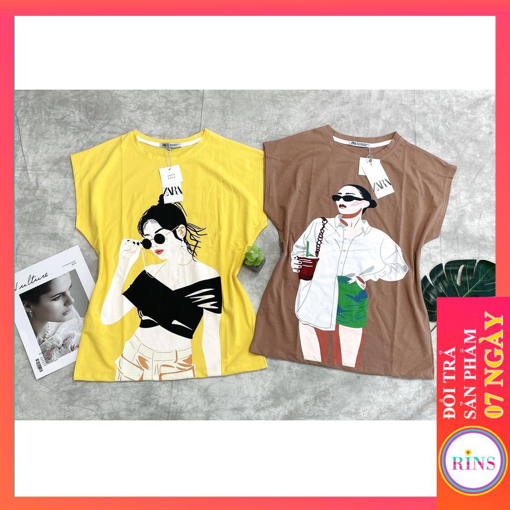 ÁO THUN ZARA CÁNH DƠI VNXK HỌA TIẾT CÔ GÁI VÀNG NÂU- COTTON 100% 4C FORM CHÂU ÂU