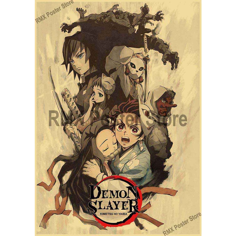 Poster Phim Demon Slayer Dán Tường Trang Trí Phong Cách Retro