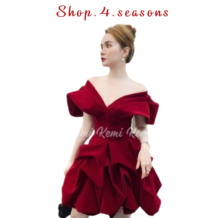 Váy Nhung Tiểu Thư Trễ Vai 2 Màu Đen Đỏ