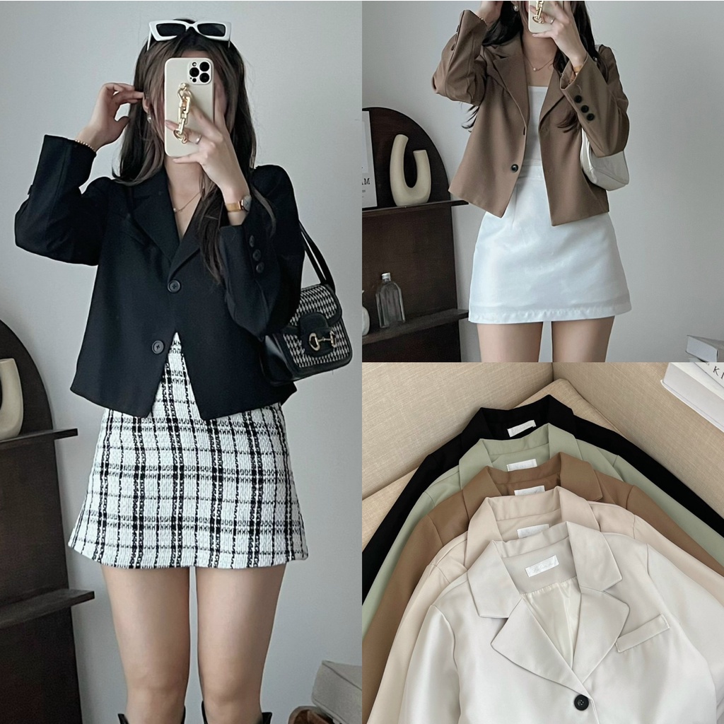 Áo blazer dài tay dáng croptop cúc tay, áo khoác blazer 2 lớp Hàn Quốc