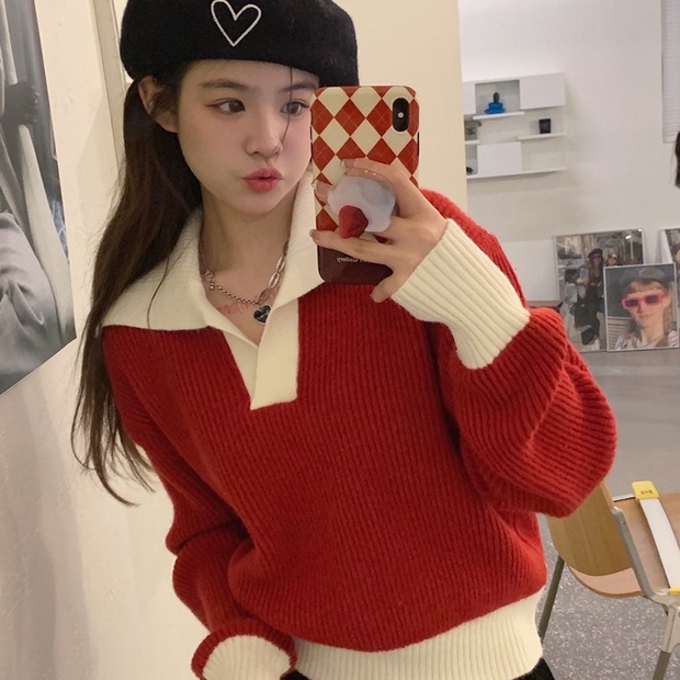 Áo len ZHELIHANGFEI tay dài kiểu dáng rộng màu đỏ theo phong cách đi học dễ phối đồ