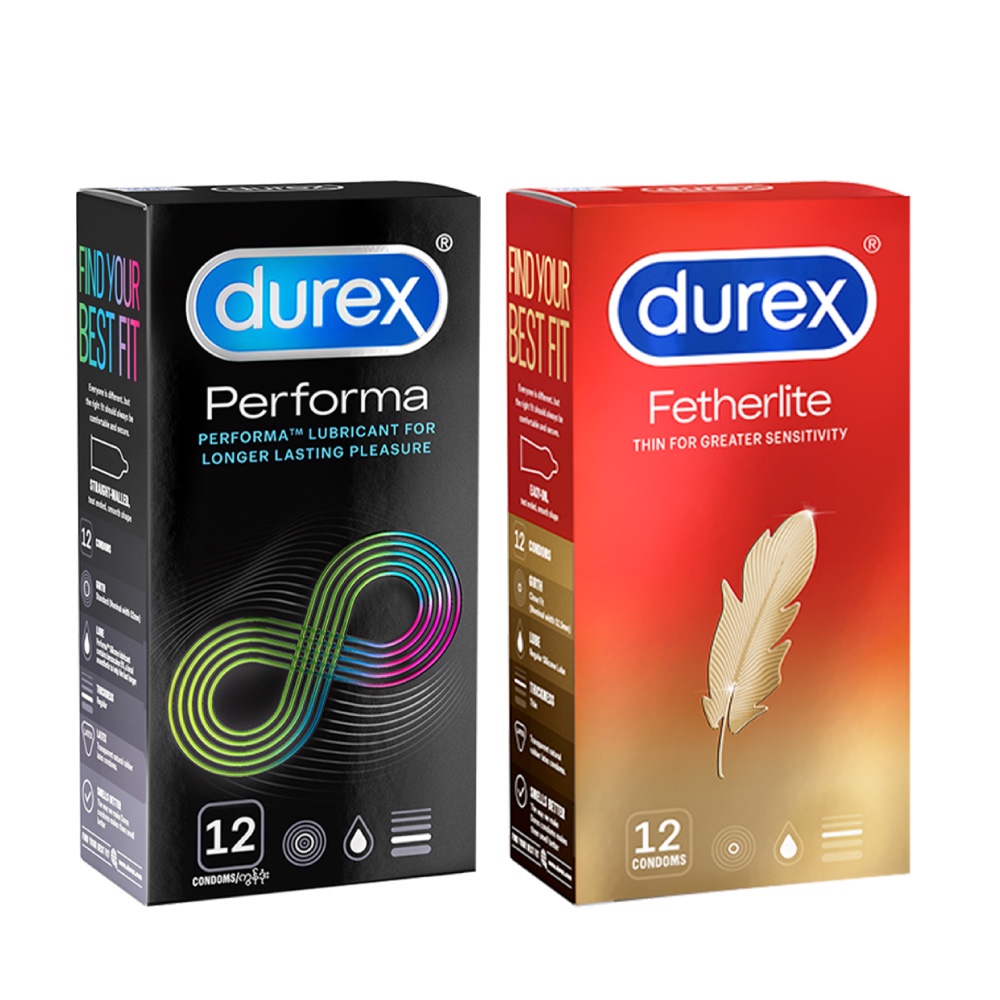 Bộ 1 hộp bao cao su Durex Performa kéo dài thời gian 52mm+ 1 hộp bao cao Durex Fetherlite siêu mỏng 52.5mm, 12 bao/hộp