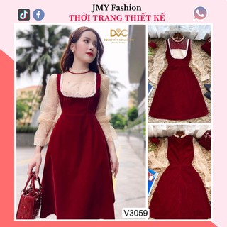 V3059 váy đỏ nhung váy nhung phối tay lưới dáng a xoè - dvc&acc