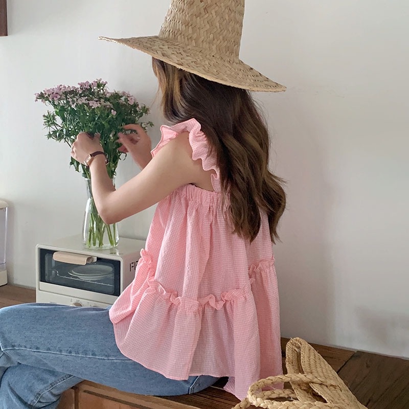 Áo Tank Top Không Tay Họa Tiết Sọc Caro Ngọt Ngào Thời Trang Mùa Hè Cho Nữ