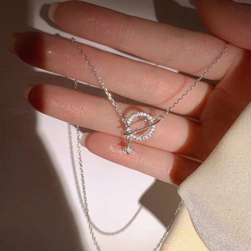 Korozo Korean Style Light Luxury Planet Pendant Necklaces For Women Temperament Flash Zircon Clavicle Chain For Female