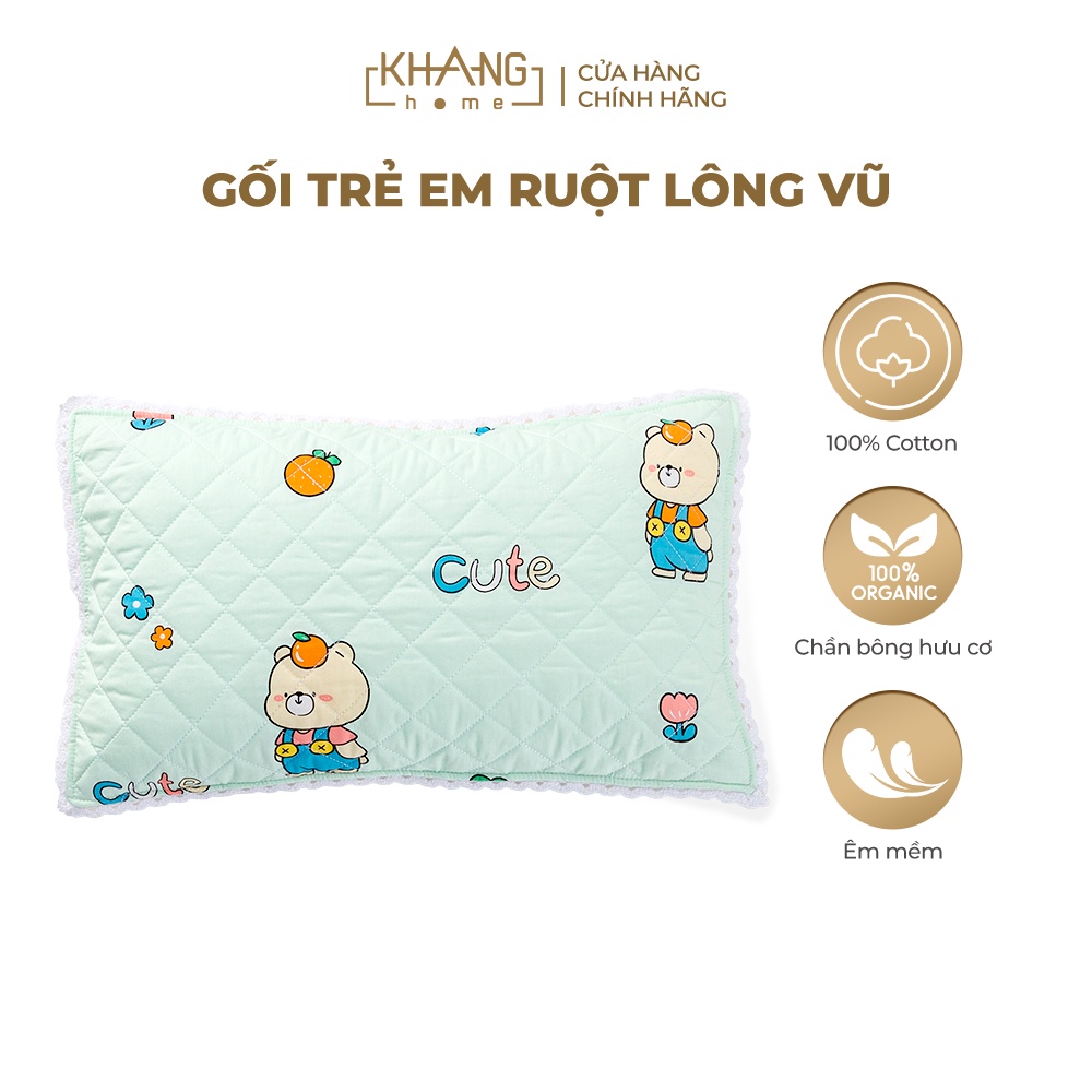 Gối Nằm Trẻ Em Vải Cotton Ruột Lông Vũ  ( Microfiber) Khang Home - An Toàn, Êm Ái, Mềm Mại Cho Bé