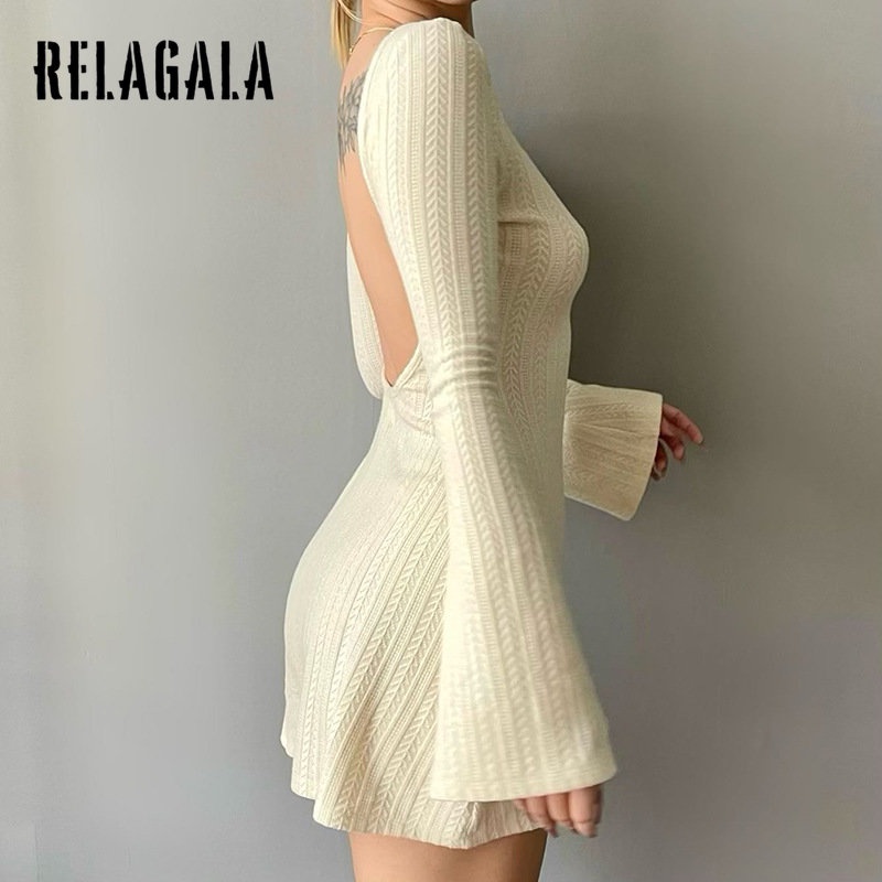 Đầm Tay Dài Hở Lưng Màu Trơn Thời Trang Quyến Rũ Cho Nữ