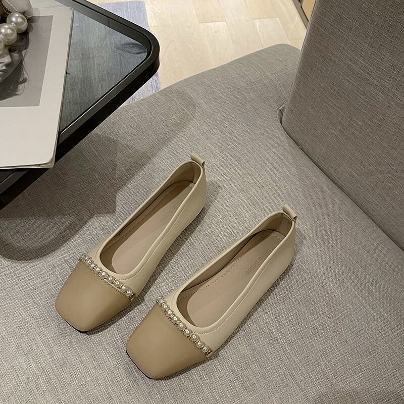 Giày Búp Bê Da Mềm Đế Bằng Mũi Vuông Đính Hạt Giả Ngọc Trai Thời Trang 2022 Xiaoxiangfeng Cho Nữ