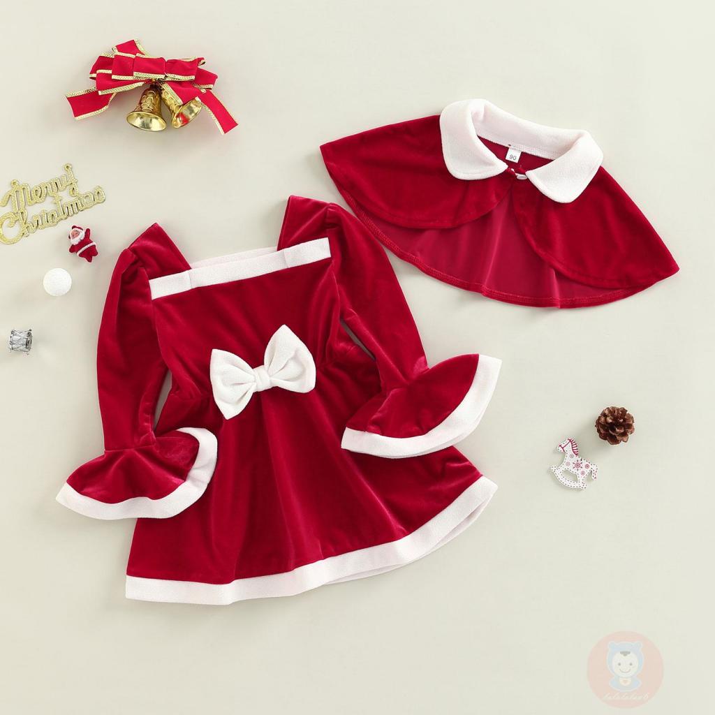 Bộ 2 Món Đầm Cổ Vuông Tay Loe Đính Nơ Màu Sắc Tương Phản Phối Áo Choàng Xinh Xắn Cho Bé Gái 1-6 Tuổi LAA6