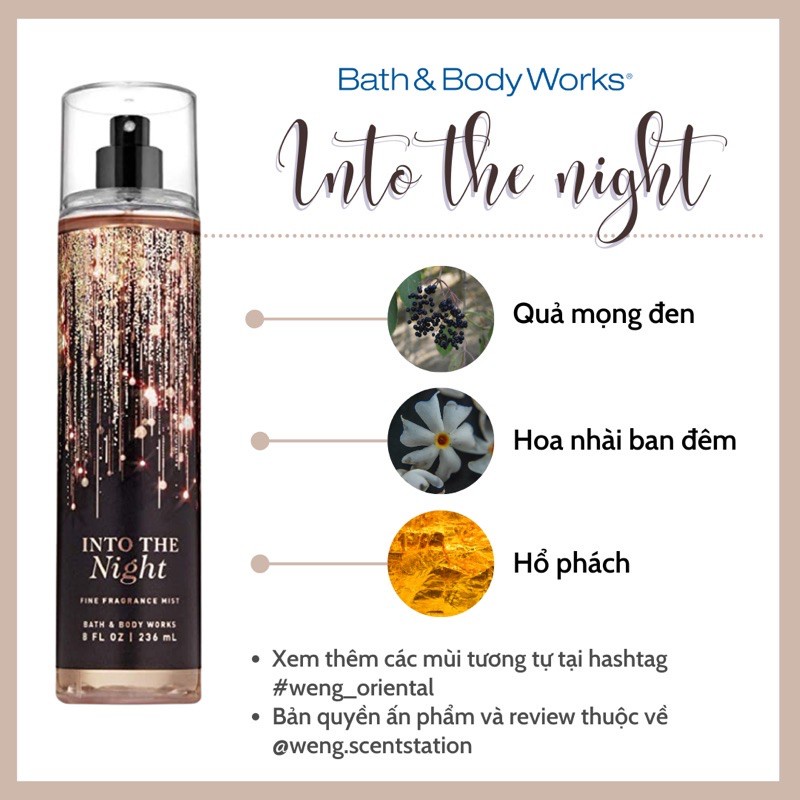 Nước Hoa Nữ, Xịt Thơm Body Mist Into The Night, Hương Thơm Gỗ Ấm Áp Bath anh Body Works - 236ml