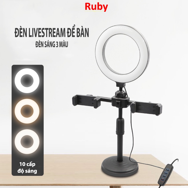 Đèn livestream bán hàng để bàn tăng giảm sáng 3 màu, Giá đỡ điện thoại 2 kẹp giữ để quay phim tiktok dạy học online