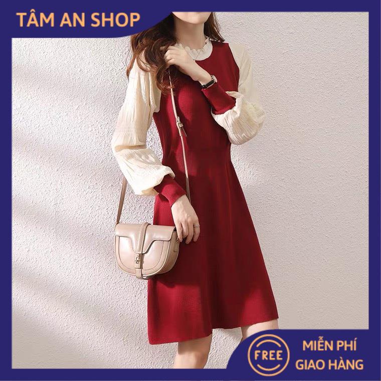 Váy Len Nữ Mùa Đông, Đầm Xòe Nữ Tay Dài Cổ Phối Bèo Chất Len Dày Dặn Form Siêu Giãn Bầu Bí, Bon Chen.
