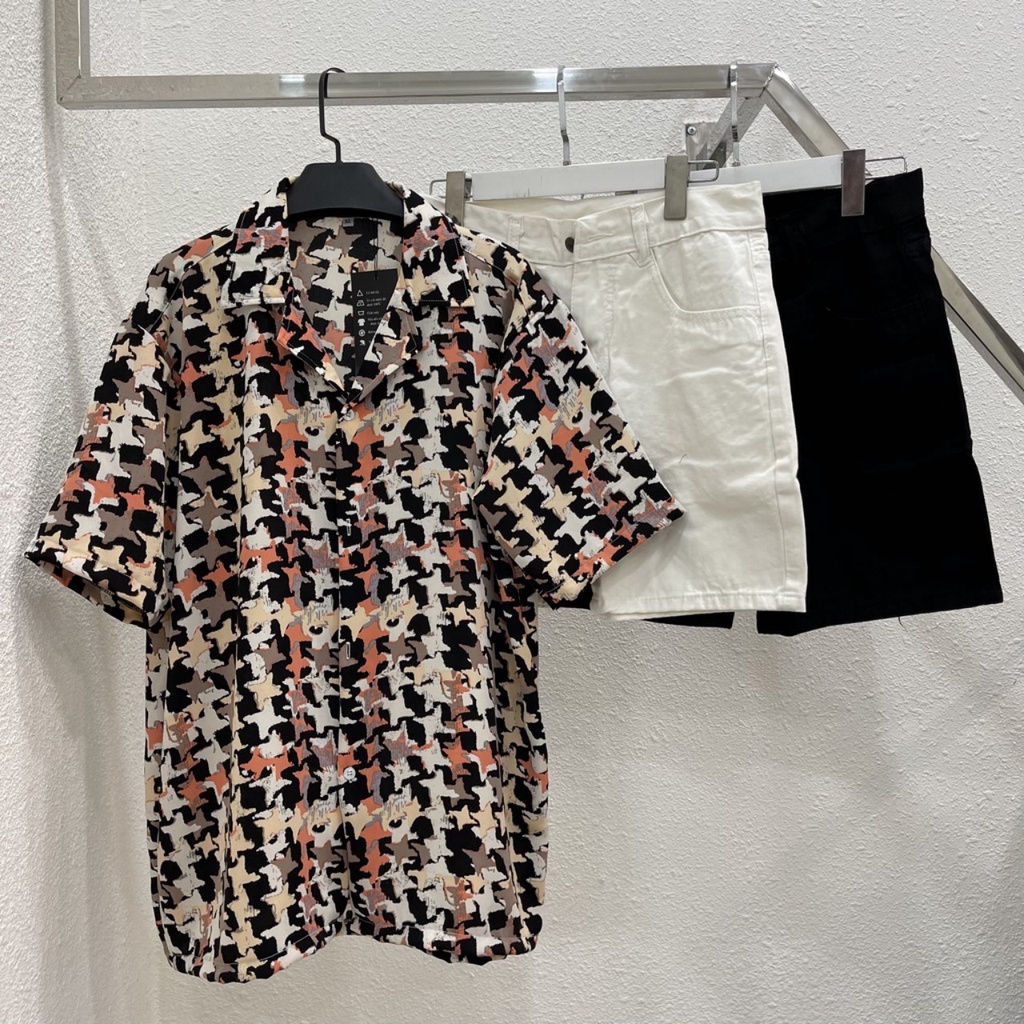 Áo sơ mi tay ngắn hoạ tiết hoa tiêu vải lụa mango áo cuban shirt ngắn tay cổ vest mùa hè