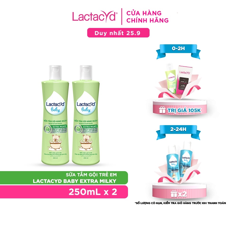 Bộ 2 chai Sữa Tắm Gội Trẻ Em Lactacyd Milky Bảo Vệ, Nuôi Dưỡng Da và Tóc Bé 250ml/chai