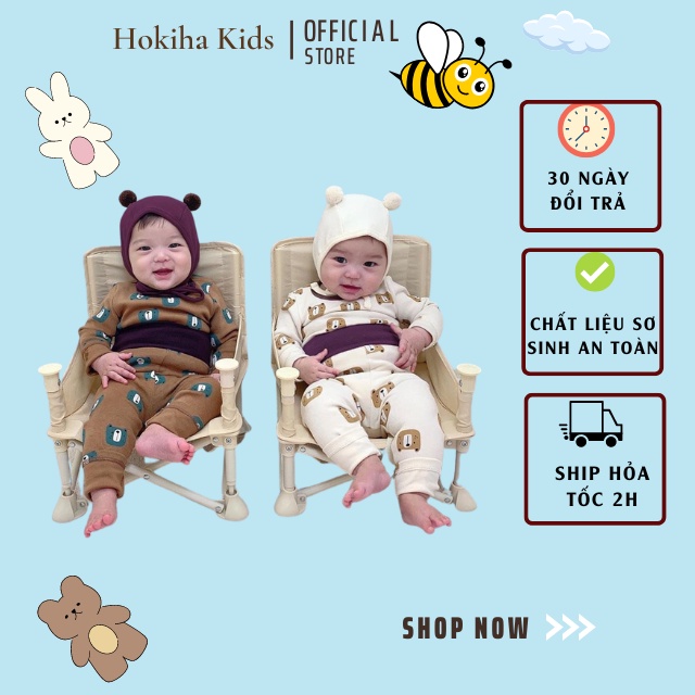 Bộ thu đông dài tay cho bé Hokiha Kids, bộ cho bé trai bé gái in hình gấu kèm mũ cục bông siêu xinh 