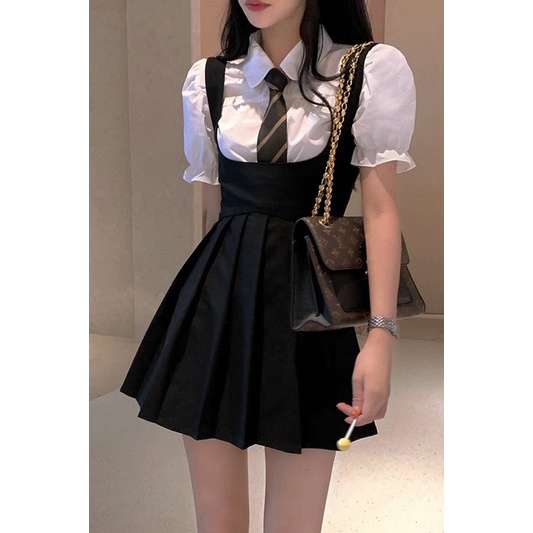 _D.CARTIED_Set áo sơ mi • váy yếm • cà vạt nữ sinh Hàn quốc tôn dáng