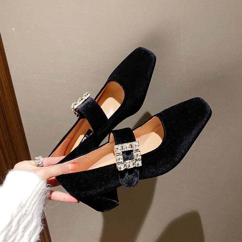 Giày Cao Gót Mũi Vuông Gót Vừa Phối Nhung Thời Trang Thu Đông Phong Cách retro Mới Cho Nữ